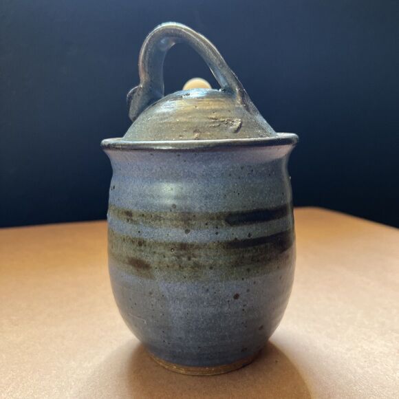 Handmade Signed Pottery Honey Pot With Stick Blue - Picture 5 of 9